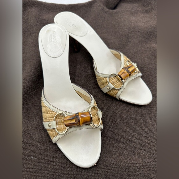 Gucci Beige Raffia And Leather Bamboo Horsebit Slide Sandals‎ Size 9